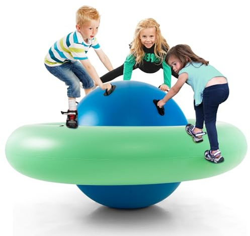 COSTWAY Balle Gonflable Enfants Ø233cm avec 6 Poignées, Château Gonfable en PVC avec Surface Élastique, Balle Rebondissante Intérieur Extérieur pour 3 Enfants de 5 Ans+, Charge 113kg (Bleu+Vert)
