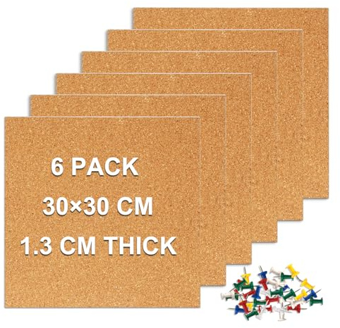DOLLAR BOSS Lot de 6 panneaux d'affichage autocollants en liège de 1,3 cm d'épaisseur, 30 x 30 cm pour murs, panneaux d'affichage, tableau mémo avec broches pour maison, chambre à coucher, photos