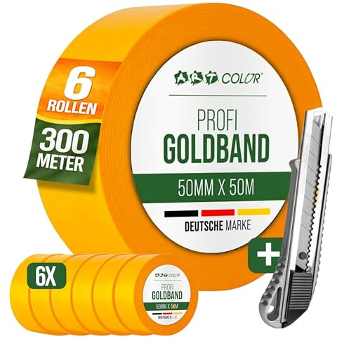ART COLOR 6x Profi Goldband 50mm x 50m inkl. Cuttermesser - Maler Klebeband für exakte Farbkanten - UV beständiges Abklebeband - Alu Teppichmesser
