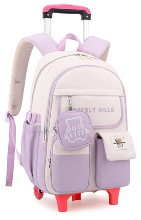 ZHANAO Color-blocking Rolling Backpack for Girls,Kawaii School Bag with Wheels,Trolley Bookbags for Primary Students