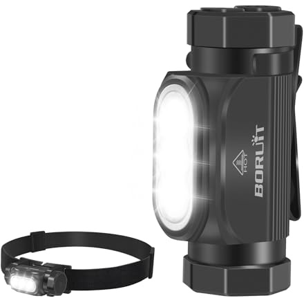 BORUIT HP130 Mini Taschenlampe, 1150 Lumen Wiederaufladbare Taschenlampe mit Stirnband für Stirnlampe Verwenden, mit IP68 Wasserdicht, Clip, Magnetische, für Camping Laufen Arbeiten