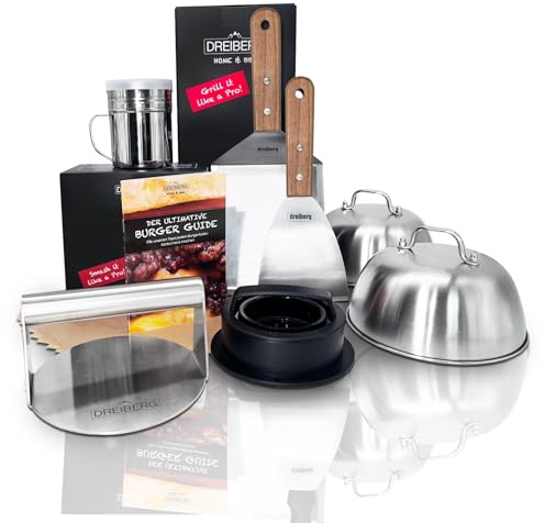 TREBERG Burger-set av bokträ och rostfritt stål för plancha, gasgrill, teppanyaki inkl. grillspatelset, hamburgarpapper, smältklockor, grillpress, kryddströare och receptbok (9 delar)