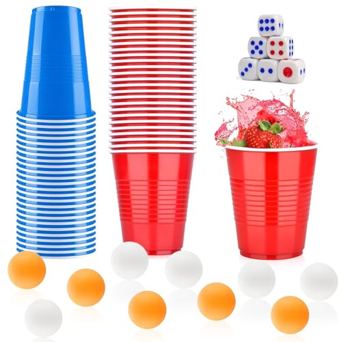 Maridergo Kunststoff-Partybecher-Set mit 20 roten Bechern, 20 blauen Bechern, 10 Tischtennisbällen, 10 Würfeln, amerikanischer Stil, Frat-Partybecher, Bier-Pong-Becher-Set für lustige Partyspiele,
