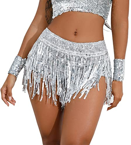 ABEHIK Damen Pailletten Shorts Hohe Taile Musikfestival Shorts Sommer Kurze Glitzer Hot Pants Partyshorts mit Fransen