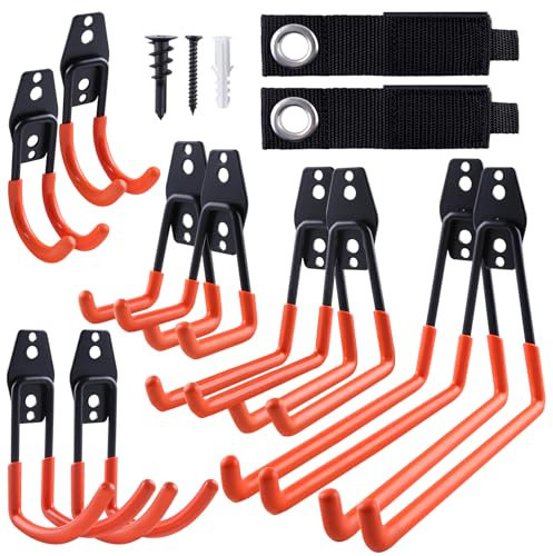 LEONTOOL Garage Hooks for Hanging, 12 Pack Wall Storage Hanger with 2 Extension Cord Straps, Heavy Duty Steel Wall Mount Hooks with Anti-Slip Coating, Tool Hooks for Power Garden Tools Ladders Bikes