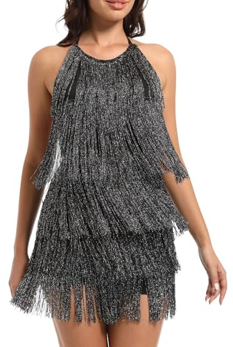 Womens Country Concert Fringe Dress - Western Cowgirl Outfit Backless Halter Elastic Jumpsuit Rodeo Festival Romper(SparkBlack,M,1074e)