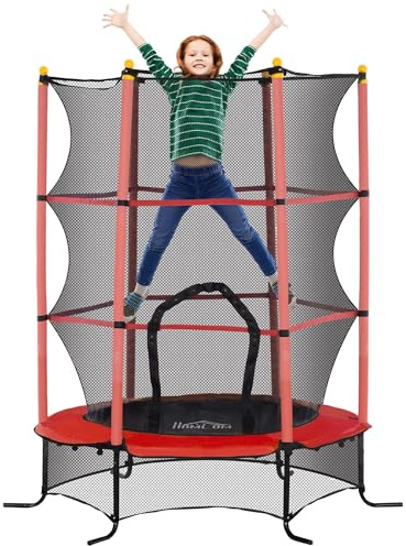 HOMCOM Trampolino Elastico per Bambini con Rete di Sicurezza, Tappeto Elastico con Pali Imbottiti per Interno ed Esterno, Età 3-10 Anni, Ø163x190 cm, Rosso