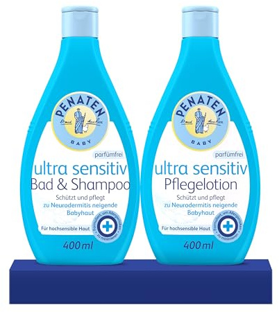 PENATEN Ultra Sensitiv Pflegelotion (400ml) & PENATEN Ultra Sensitiv Bad & Shampoo (400ml), parfümfrei & ohne Farbstoffe, zur Pflege & Reinigung zu Neurodermitis neigendender Babyhaut