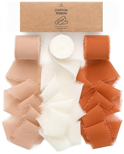 Vitalizart Nastro di Chiffon Setoso Rosa & Bianco & Terracotta 3,8 cm x 19,2 m, Fatto a Mano con Frange, Nastro Sfrangiato per Inviti a Nozze, Bouquet da Sposa, Confezioni Regalo, Fai da Te