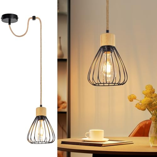 ZMH Pendelleuchte Esstisch Hängelampe Vintage - Esszimmerlampe Schwarz Metall Esszimmer Hängeleuchte 1 Flammig Retro DIY Hanfseil aus Holz Industrial E27 Pendellampe für Flur (ohne Leuchtmittel)