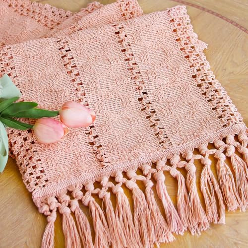 TELAIN Rosa Boho-Macramé-Tischläufer, 72 Zoll lang, für Esszimmer und Schlafzimmer, mit Fransen, aus Baumwollmischung, für Sommer und Brautpartys