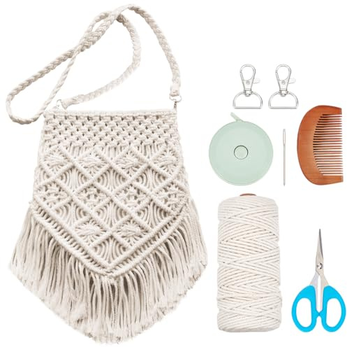 WEBEEDY Boho DIY Makramee Taschen Set Für Erwachsene Anfänger Beige Makramee Schultertasche Set Mit 109 Yards 3mm Makramee Kordel Und Videoanleitungen Urlaubsstrand Dekor