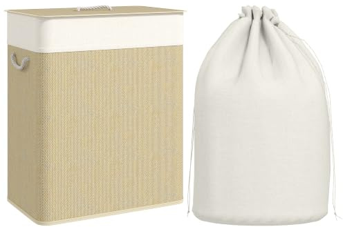 HOMCOM 100L Laundry Basket with Lid 2 Section Laundry Hamper Cream White | Bamboo, Removable and Washable Liner, Handles, Dirty Clothes Hamper, Bathroom, Bedroom