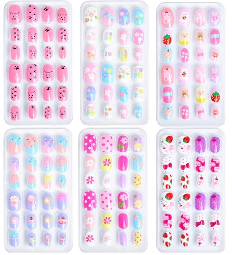 144Stück Falsche Nägel für Kinder mit Jelly Kleber - 6 Verschiedene Designs Kunstnägel Kinder, Farbig Kunstnägel Kinder, Nagelset Schönes Geschenk für Mädchen zu Hause (Set B)