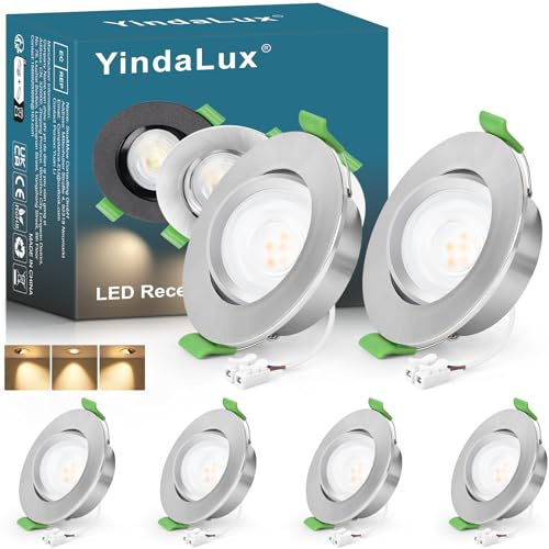 YindaLux 6x LED Einbaustrahler IP44 230V 5W Nickel 2700K Lochmaß 68–80mm | 45° schwenkbar, 550lm, nicht dimmbar, flach, GU10 Einbaurahmen, abnehmbare LED Modul, für Bad, Küche und Wohnzimmer