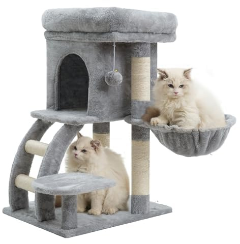 Heybly Albero Tiragraffi Per Gatti, Tiragraffi Piccolo Per Gatti Alto 75 cm Con Piattaforma Superiore, Tana, Amaca, Scala Di Arrampicata, Gioco da Gatto, Mobile da Gatto, Grigio Chiaro HCT009SW