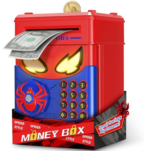 Ltteaoy Hucha Infantil - Caja Fuente Niños, Spider Hucha Electronica con Huella Digital y Código, Hucha Cajero Automático con Succión de Billetes, Regalo Niño Niña 3 4 5 6 7 8 10 12 Años