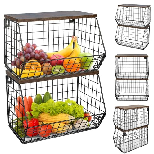 OHMG Corbeille a Fruit, Panier a Fruit de Mural, Empilable et Montable au Mur avec Couvercle en Bois und Crochets pour Fruit Basket, Corbeille en Métal pour Ranger Les Fruits et Les Légumes