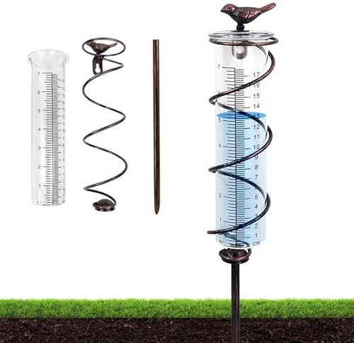 PORFOYO - Pluviómetro para exteriores, jardín anticongelante, pluviómetro de cristal con marco de metal, pájaro de hierro fundido para colgar y pluviómetro decorativo para exteriores