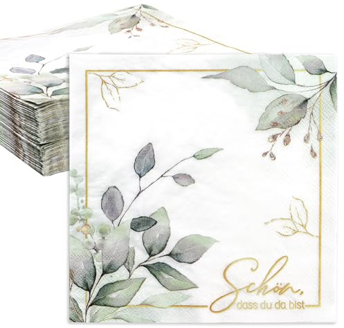 50x Servietten Eukalyptus Grün, Papierservietten mit Schön dass du da bist, 2-lagig 33x33cm Tischdeko für Geburtstag Frühling Babyparty Kommunion Konfirmation Hochzeit Taufe