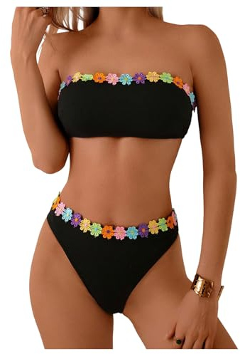 GORGLITTER Women's 3D Floral Bandeau Strapless Bikini Sets Bandeau Swimsuit | Colorblock, Sexy Backless 2 Piece Swimsuits, Strapless Bikini Set, Bandeau Bikini for Beach, Swimwear