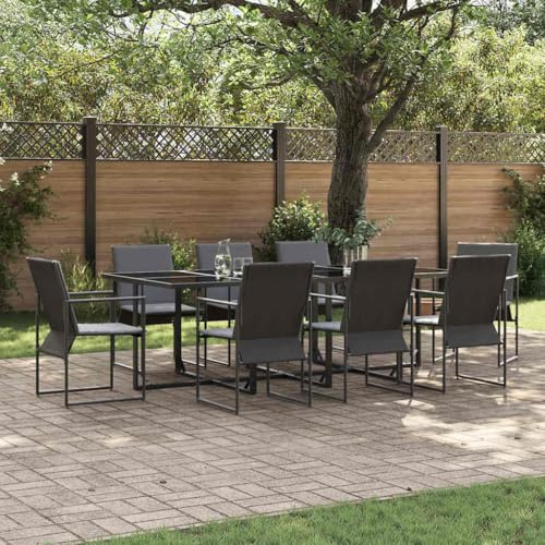 QUAHEAS Garten Essgruppe 9-teilig, Schwarz, Stahlrahmen mit Glasplatte, wetterfest, für Terrasse, Balkon, Essbereich, 8 Personen