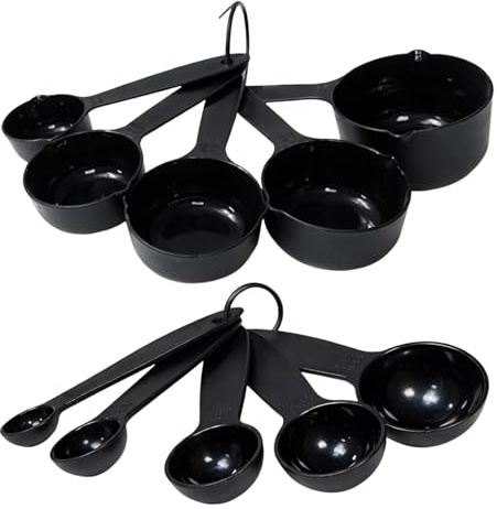 10 teiliges Messbecher-Set, Dosierlöffel, Messlöffel aus Kunststoff, Schwarz Messlöffel mit abnehmbaren Ringen, Praktische Portionierlöffel, für Proteinpulver Und Backen, Cups Messbecher für Küche