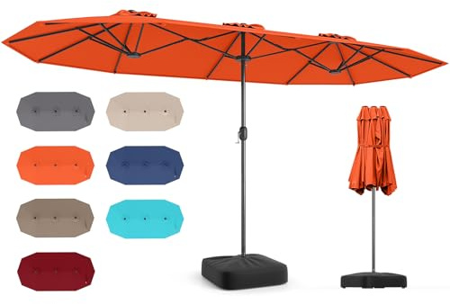 RELAX4LIFE Grand Parasol de Jardin Extérieur avec Pied | Parasol Double Terrasse à 12 Baleines | Manivelle | Polyester Résistant | Verrou de Sécurité | Protection UV pour Piscine Patio Marché (Orange)