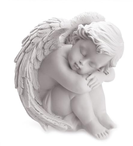 TEMPELWELT® Dekorativ ängelfigur som sitter sovande, 12 cm, i vit polysten, vacker ängelfigur, skyddsängel, barn, ängel, dekoration, drömmande ängel