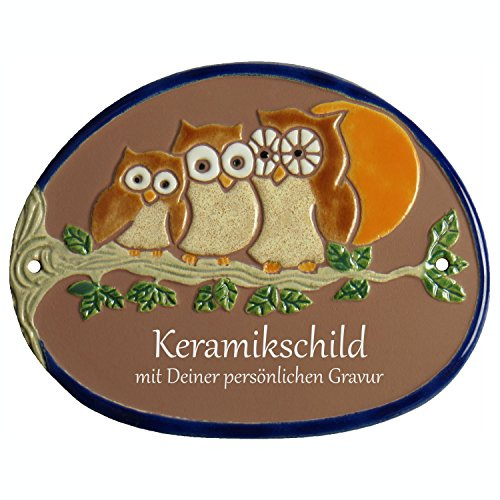 Handarbeit aus Schleswig-Holstein Keramikschild 19,0 x 15,0 cm Motiv DREI Eulen auf AST mit Mond (braun)