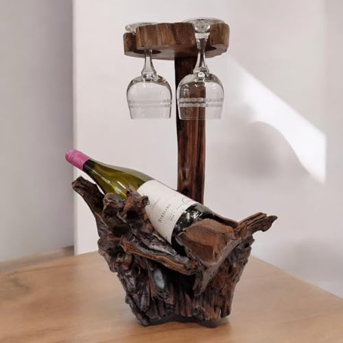 Kinaree Teak Wurzelholz Flaschenständer – Nachhaltiges Holz Flaschenregal mit Glasständer für 2 Gläser – Handgefertigtes Weinregal aus Holz – Dekoration aus Wurzelholz, ca. 35-40x30x20 cm