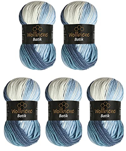 5 x 100g Wollbiene Batik 500 Gramm Wolle mit Farbverlauf mehrfarbig Multicolor Strickwolle Häkelwolle (5500 blau weiß)