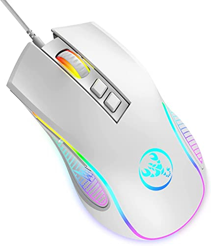 HXSJ X100 Gaming Mouse Wired,Ergonomic PC Gaming Mice with 7 Colors LED Backlit,7 Buttons,Gaming Optical Sensor,4 DPI Level Settings,Up to 3600 DPI,Lightweight,for PC,Laptop,Mac,PS4,XBOX - White