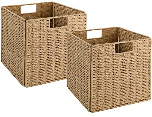 Vagusicc Wicker Storage Basket, Set of 2 Hand-Woven Wicker Basket, 11 inch Storage Baskets for Organizing and Decor, Foldable Cube Storage Organizer Bins Baskets for Shelves, Woven Basket, Natural