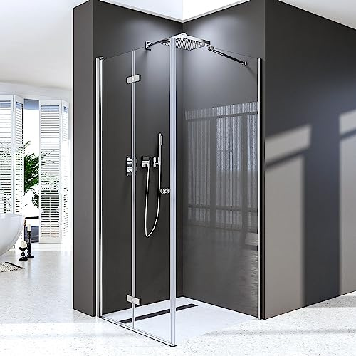 Duschkabine 80 x 80 cm Drehfalttür Duschkabine 180° Eckeinstieg Duschabtrennung Duschtür mit Seitenwand Aus 6mm ESG Sicherheitsglas,Höhe 185cm Ohne Duschwanne
