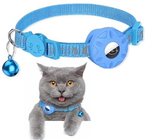 Airtag Katzenhalsband, Reflektierendes AirTag Katzenhalsband mit AirTag-Halterung und Glocke, Leichte Tracker Katzenhalsbänder, Katzen-AirTag-Halsband mit Abbrechbarer Sicherheitsschnalle (Blau)