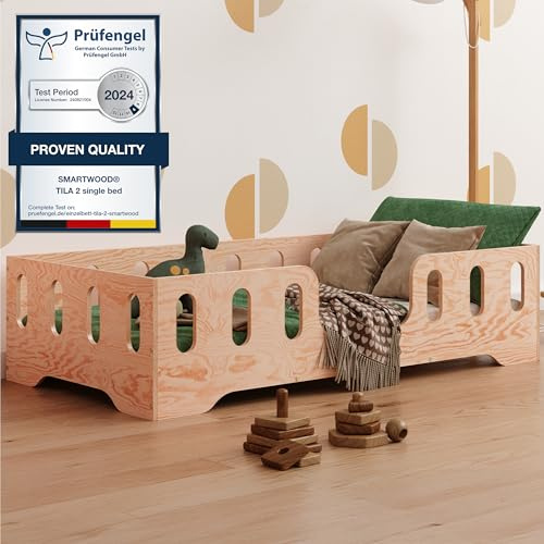 smartwood Bodenbett 80x160 cm mit Rausfallschutz, Holz, TILA 2 | Montessori Kinderbett, Lattenrost belastbar bis 230 kg, FSC-Zertifikat, abgerundete Kanten, Einfache Montage, ab 3 Jahren