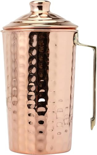 ANCIENTIMPEX Wasserkrug aus reinem Kupfer, gehämmert, mit Deckel und Messinggriff für Ayurveda und gesundheitliche Vorteile (moderner Stil)