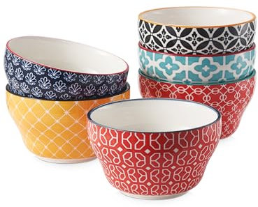 DOWAN Juego de 6 cuencos pequeños de postre, tazas de caldo de cerámica de 8 onzas para sopa, salsa, taza de café, aptos para microondas y lavavajillas, cuencos de porcelana con patrones vibrantes