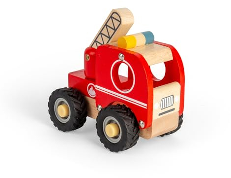 Bigjigs Toys - Mini Fire Truck - Red Wooden Fire Engine, kleine Notfallfahrzeug, Kinderfeuerwehrmotoren, Geschenke für Kleinkinder, 12 Jahre alt