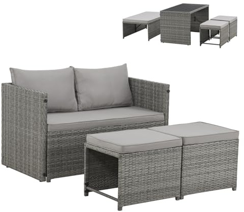 SVITA ATHINA 2in1 Sitzgruppe Outdoor Rattanlounge Balkon Essgruppe Gartenmöbel Set Gartenlounge klein Balkonmöbel Polyrattan Grau