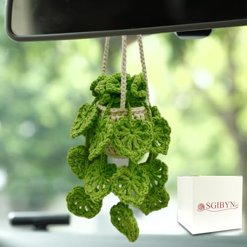 SGIBYN Crochet Hanging Plant for Car,Car Decorations Interior,Plant Aesthetic Car Accessories for Women Interior Cute,Car Ornaments Charms for Rear View Mirror,Boho Car Decoration Gifts