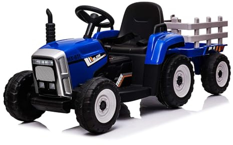 12 V barntraktor, elfordon för barn med släpvagn, med fjärrkontroll/7 LED-strålkastare/2 + 1 variabel hastighet/MP3-spelare/USB-gränssnitt, lämplig för barn från 3–6 år, blå