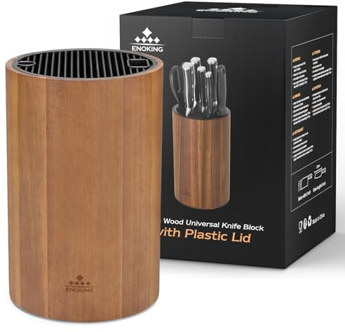 Enoking Universal Knife Block Holder with Plastic Lid, Acacia Wood Knife Block without Knives for Scissors, Sharpening Rod and Knives, Round Knife Storage Organizer Display