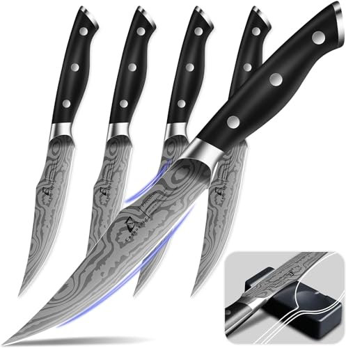 CoquusAid Steak Knives Set of 4, 4.8 Inch Fine-Edge Super Sharp Table Knives with Rest, Premium Germany Stainless Steel Ergonomic Handle, Elegant Black Ideal for Gift