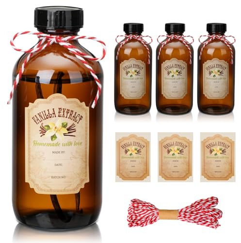 Suclain 3 botellas de extracto de vainilla de 8 onzas, botellas redondas de vidrio Boston ámbar para extracto de vainilla casero y extracto de vainilla para jarabe, regalo de alimentos, juego de