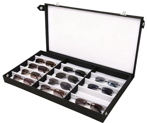 Tissting Glasses Organizer 15 Pairs Sunglasses Storage Tray Box with Lid | Nylon Eyeglasses Display Tray Case Watches Jewelry Display Case for Home Use or Store Shop Selling Show Black 48 x 30 x 4 cm