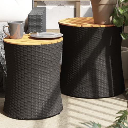Gecheer Tavolini da Giardino 2 Pezzi, con Piano in Legno di Acacia e Struttura in Polyrattan Nero e Marrone, 50x50 cm e 38x46 cm, per Esterno Patio Cortile e Spazi Aperti