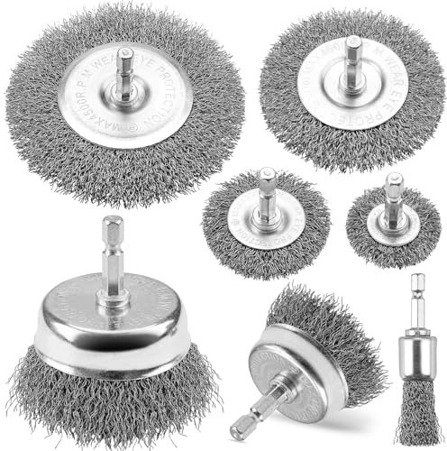 SI FANG 7Pcs Crimped Wire Brush for Drill, Steel 6mm Hex Shank Rust Removal | Carbon Steel Wire Wheel Cup End Brushes, Drill Brush Attachment, Low Bristle Shedding, Paint Weld Spatter, Fits Curved Areas