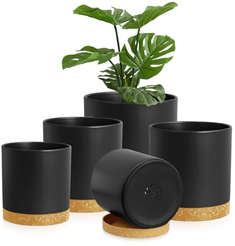 Homeuouz 5 Packs Blumentopf mit Untersetzer, 17.8/15.2/14/12.7/10.2cm Pflanzentopf, Plastik Übertopf, Hydrokultur Topf, Blumentöpfe Set Ideal für Innen und Balkongärten, Schwarz mit braunes Tablett